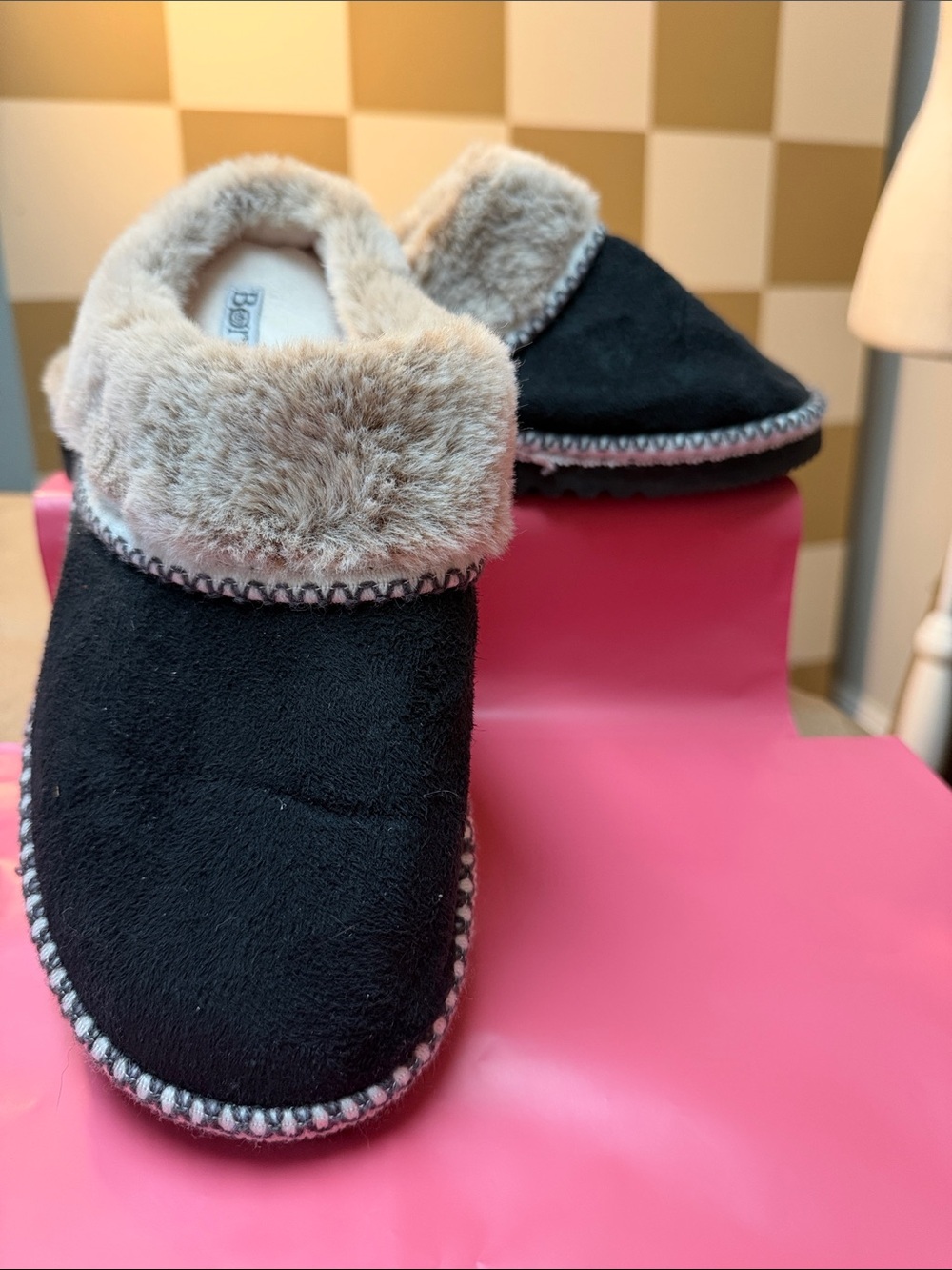 Born Black Suede Clog Slippers with Beige Faux-Fur Collar
